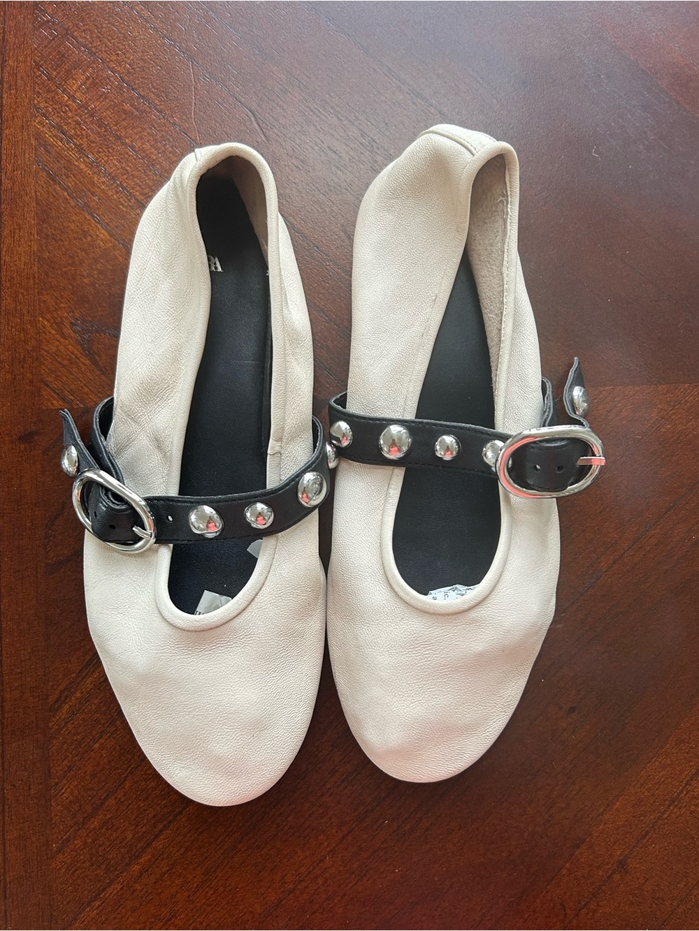Zara white Flats with Black Studded Strap size 37